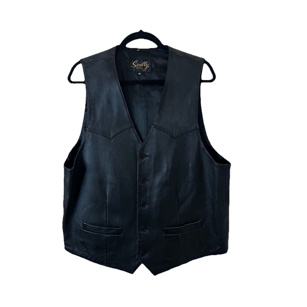 Scully Western Leather Vest Waistcoat Mens 46 Black Rodeo Cowboy Sleeveless